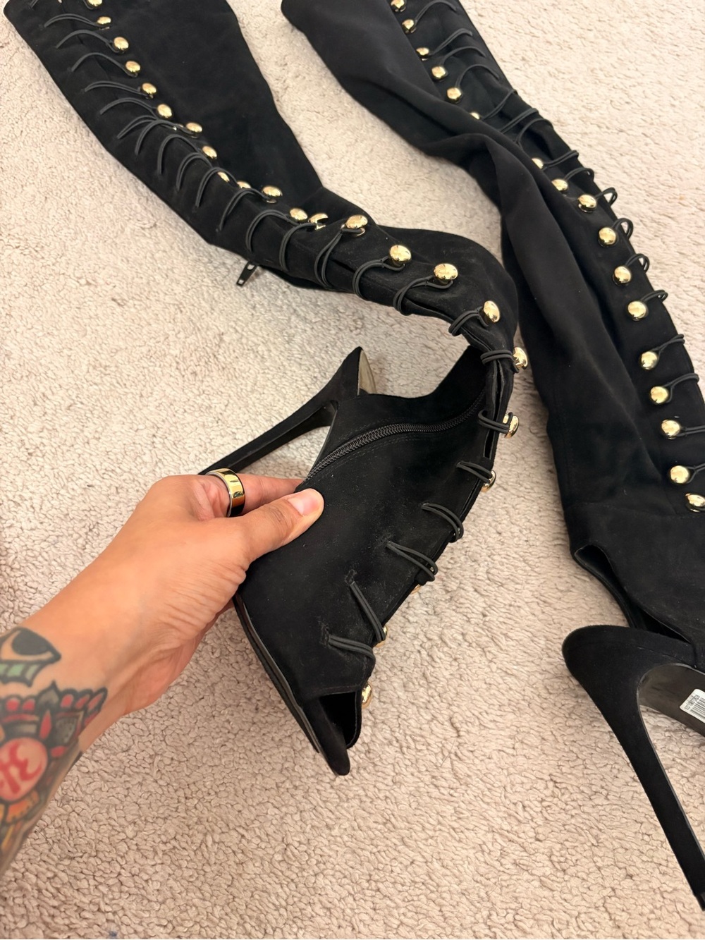 Black Lace-Up Over-The-Knee Heeled Boots - Women's Fashion
